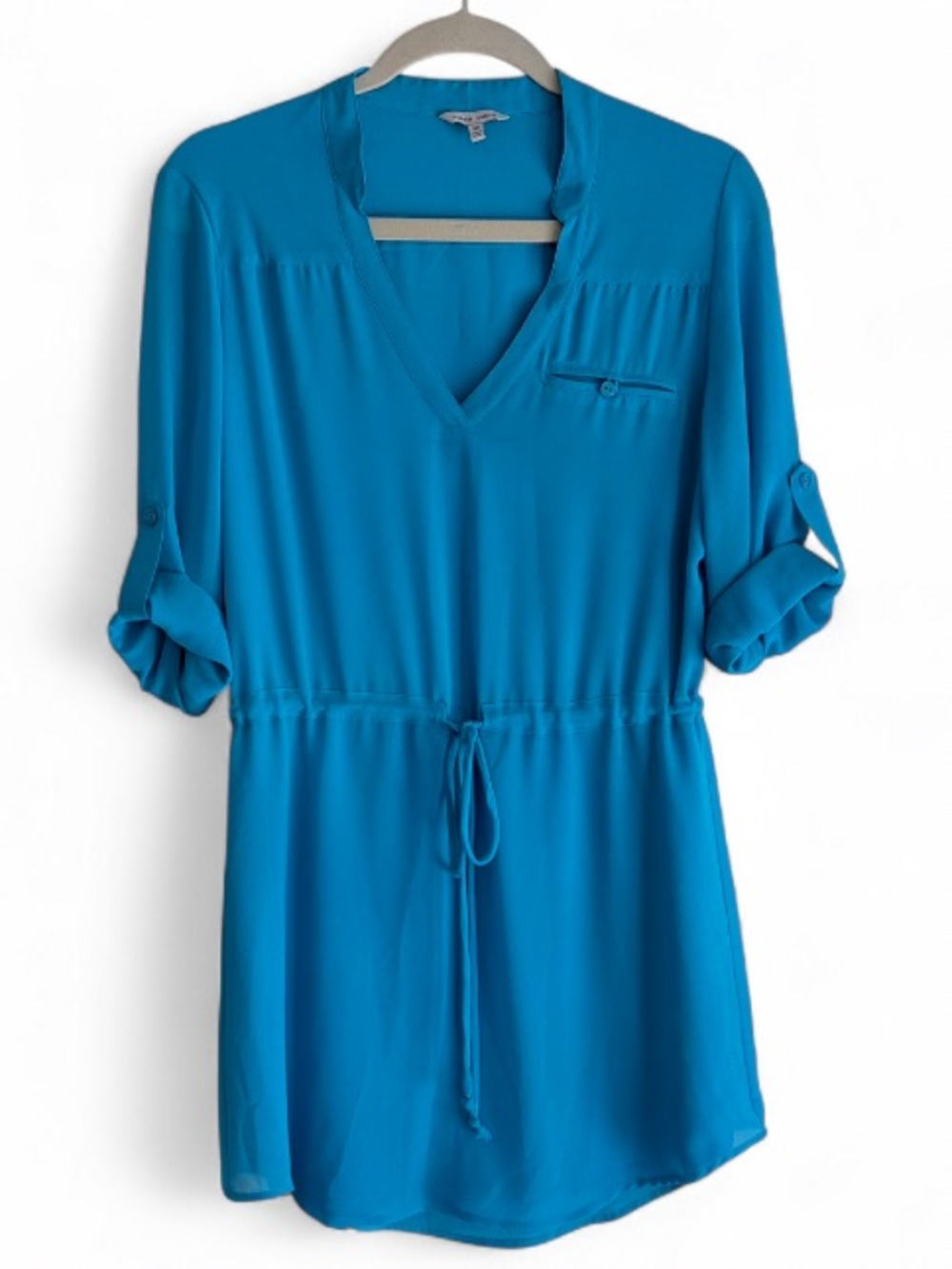 Naked Zebra Turquoise Blue V Neck Roll Sleeve Mini Dress Size M